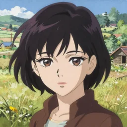 Painting of grown-up Velma Dinkley in the style of Ghost in The Shell, beautiful anime art style, winged eyelashes, countryside, calm, fantasy character portrait, dark outlines, dynamic pose, above view, sunny day, artwork by Makoto Shinkai, very coherent asymmetrical artwork, sharp edges, perfect face, simple form, 100mm