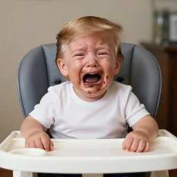 crying donald trump in a highchair with chocolate pudding all over his face, gettyimages,