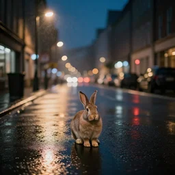 lone rabbit in the middle of a street during a rainy night, lights, focused photo, low field of view, album cover