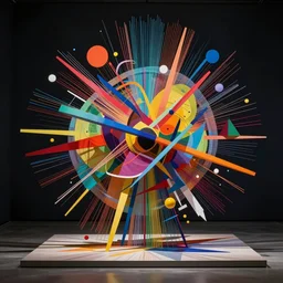 unified, hideous by jim lee, by agnes martin. art installation. a colorful abstract composition. it is made up of geometric shapes & lines in various colors. the shapes appear to be floating in space & the colors are very bright & vibrant.