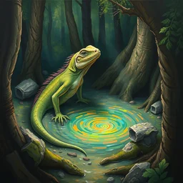 an anthropomorphic lizard finding a colorful hotspring deep in the forest, oil painting, highly detailed, medieval fantasy, featured on artstation