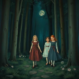 various beautiful little russian girls in dress walking in forest at night, very detailed oil painting by studios ghibli, leonardo da vinci, takato yamamoto and makoto shinkai, inspired by balthus and made in abyss, anatomically correct, soft color pallet, sharp focus, extremely coherent, fantasy, realistic, smooth, suspense