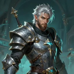 an epic fantastic realism comic book style portrait painting of an aasimar paladin, male, silver hair, short brown beard, d & d concept art, unreal 5, daz, teal aesthetic, octane render, cosplay, rpg portrait, dynamic lighting