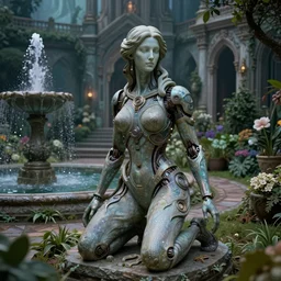 The kneeling statue of a woman in a beautiful garden, next to a fountain and a mystical palace, hyperrealistic mixed media, stunning 3d render inspired art by P. Craig Russell and Barry Windsor-Smith + perfect facial symmetry + dim volumetric lighting, 8k octane beautifully detailed render, post-processing, extremely hyperdetailed, intricate futuristic mechanic parts, epic composition, grim yet sparkling atmosphere, cinematic lighting + masterpiece, trending on artstation