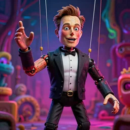 the world's richest man is a ventriloquist dummy from hell!, psychedelic horror trip, elon musk! as the puppet master, strings attached to the puppet, patterned skin, trending on artstation, photorealism, vibrant colors, digital art, octane render, cinematic, establishing shot.