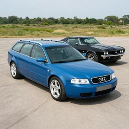 A mix of Denim Blue Audi A4 B6 Avant (2002) and a Chevrolet Camaro (1969), wider shot