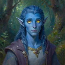 A blue skinned male elf with yellow eyes, young noble, scholar, clad in robes, curious, forwards facing, centered, fair, fantasy concept art, beautiful, mystical eyes, magical lighting, mystical, shimmers, nature, oil painting, forest background