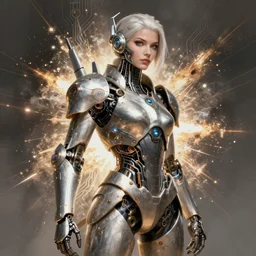 Anfas portrait of a mech warrior , female, fantasy, circuitry, explosion, dramatic, intricate, elegant, highly detailed, digital painting, artstation, concept art, smooth, sharp focus, illustration, by Piotr Rusnarczyk, octane render