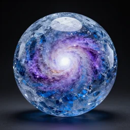 blue and purple ice crystal sphere sculpture of galaxy