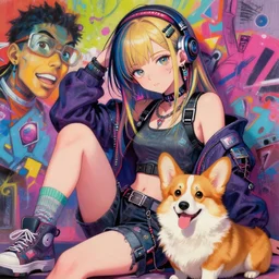 beautiful anime painting of hiphop attractive cyberpunk teenage princess chill with corgi, by gaston bussiere, j. c. leyendecker, craig mullins. trending on artstation, 8 k, masterpiece, graffiti paint, fine detail, full of color, intricate detail, golden ratio illustration, face enhance