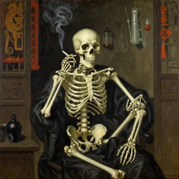 skeleton smoking a cigarette inside a chinese opium den. by arnold bocklin, herbert james draper. oil on wood 1 9 0 0. intricate details..