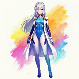 woman ; silver hair ; violet eyes ; bright colours ; scientist ; ; wearing bodysuit ; drawn by mengo yokoyari and artgerm ; digital art ; high detail ; trending on artstation ; full body