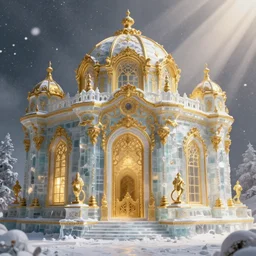 A beautifull intricate heavenly ice palace with golden baroque designs,Golden Light, 8K, trending on artstation, volumetric light, lightrays, snowstorm, cinematic, atmospheric, octane render, insanely detailed and intricate, hypermaximalist, elegant, ornate, luxury, elite, by James Jean, Ellen Jewett, Zdzislaw Beksinski and Peter Mohrbacher, hyper realistic, super detailed, golden ratio
