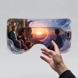 3 d ios macos concept ui ux designed by jony ive and senior apple designers : a first - person 8 k view within a floating 3 d vr hand interface by jony ive, in the style of moebius, roger dean, intricate photograph in the style of caravaggio and james turrell, sunrise atmospheric phenomena in translucent colloid neuomorphic interface