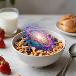 a picture of a morning breakfast table with a cereal bowl with a nebula inside, highly intricate and colorful, nebula, galaxy, highly detailed illustration