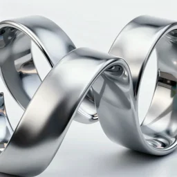 highly reflective close - up of 3 d chrome wide thick mobius strips intertwined with eachother on a plain black background, 3 d rendering, scifi sculpture, bokeh, beautiful lighting, ink splotches, thin geometric lines