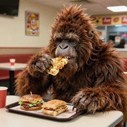 flash photograph of bigfoot eating at a fast food restaurant, trending on artstation, 8k, highly detailed