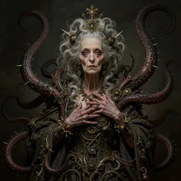 centered beautiful detailed portrait of a insane, crazed, mad old woman, ornate tentacles growing around, ornamentation, thorns, vines, tentacles, elegant, beautifully soft lit, full frame, by wayne barlowe, peter mohrbacher, kelly mckernan, h r giger