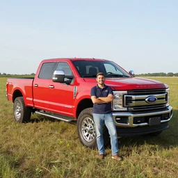 A photograph of a man standing next to a red Ford F-250 super duty pickup truck (2018) in a farm field, photo taken in 2018
