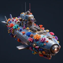 insanely epic dieselpunk submarine, covered in vibrant corals, octane 3 d, octane render, unreal engine, volumetric lighting, artstation, highly detailed, sharp focus, dieselpunk colors