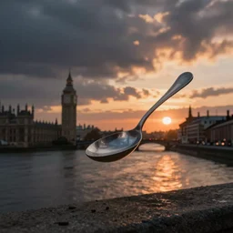 una cuchara volando sobre Londres en invierno, al atardecer