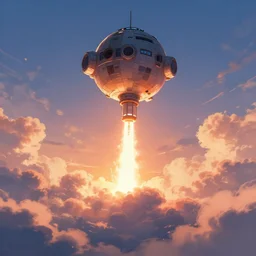 a round spaceship launching into the sky, sunset, fluffy clouds, beautiful digital art, pixiv