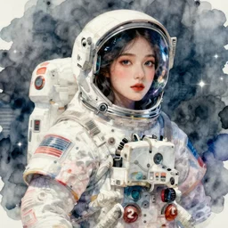 korean women's fashion astronaut, intricate watercolor cyberpunk vaporwave portrait by tim doyle