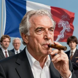 masterpiece hyper detailed portrait of jacques chirac smoking a cigar. in the background is a waving french flag. by bastien - lepage. andrei riabovitchev, marc simonetti, yoshitaka amano. background by james jean