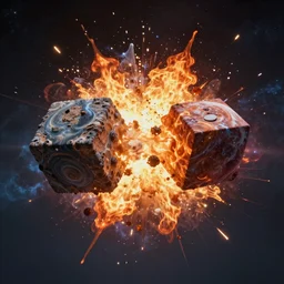 Two Cube-Shaped Planets colliding, explosion, space, beautiful, fire