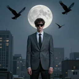 urban dystopian ballard man in grey suit black birds a full moon