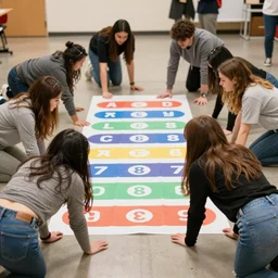 a group of friends on all fours, playing twister.