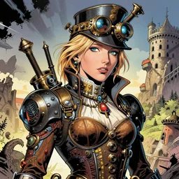 hyper detailed comic illustration of a steampunk  cate blanchett    , by darick robertson  , intricate details, vibrant, colourful