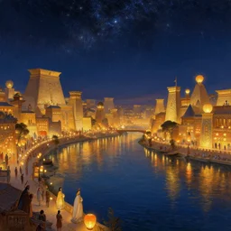 a beautiful painting of the view from the river of the lantern festival in a an ancient egyptian city, at night with a sky full of stars, intricate, elegant, highly detailed, digital painting, artstation, concept art, by krenz cushart and artem demura and alphonse mucha