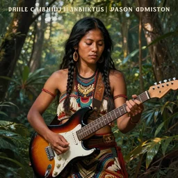 an indigenous beautiful woman with playing with a electric guitar in the jungle, poster art by daniele caruso, benediktus budi, jason edmiston, vc johnson, powell peralta