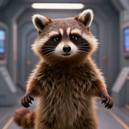 film still of rocket the raccoon standing in the hallway of a space ship from guardians of the galaxy, soft volumetric lighting, cinematic, ridley scott, closeup portrait, confident action pose, octane