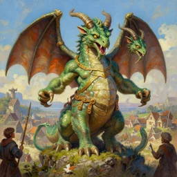 A multi-headed hydra terrorizes the medieval village. Trending on ArtStation. A vibrant digital oil painting. A highly detailed fantasy character illustration by Wayne Reynolds and Charles Monet and Gustave Dore and Carl Critchlow and Bram Sels