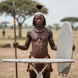 a zulu warrior with a spear in one hand and an ironing board in the other