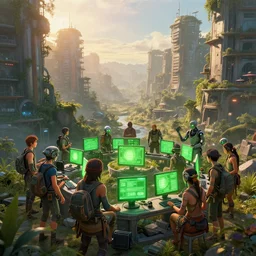 a cinematic composition depicting : we're overlooking a cyberpunk civilization in the valley with overgrown buildings, where a solarpunk tribe is peacefully collaborating with their android helpers with their bright green computer screens, octane render, hyperrealistic, at sunrise, by edward hopper jesper ejsing, by rhads, makoto shinkai and lois van baarle, ilya kuvshinov, rossdraws
