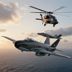 An F4U Corsair dogfighting against an F-22 raptor with a Blackhawk flying upside down in the background where the background is over the ocean during sunset during a party cloudy day. High resolution unreal engine style