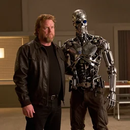 hank hill from king of the hill as a terminator, protecting bobby hill as john connor, movie still, from the movie terminator 2 judgement day, 8 k, cinematic lighting