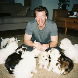 chris evans surrounded by puppies, laughing, living room floor, cozy, 3 5 mm, f / 8, flash photography, snapshot