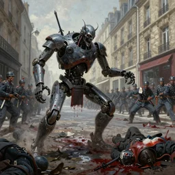 demonic samurai robot fighting french soldiers on the streets of paris, very detailed painting, concept art, very creepy, horror, pile of bodies, a lot of blood on the streets, art by jakub rozalski
