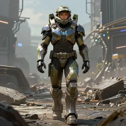 a body builder in walking across a cyberpunk wasteland, mjolnir mk 6 armor from halo infinite, attractive female face, enhance face, symmetrical face details, ultra realistic, very highly detailed, 8K, Digital painting, concept art, illustration, rule of thirds, sharp focus, facing camera, centered, good value control, realistic shading