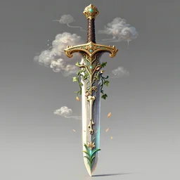beautiful fantasy giant sword carved with decorative ornament, acanthus scrolls, lilies, ivy, energy, geometry, bones, petals, stems, ceremonial clouds, dripping paint, fibonacci rhythm, artstation, artgerm, wlop, symmetric ornaments