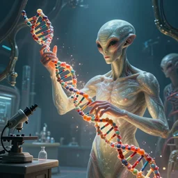 concept art, human dna strand being manipulated by aliens and a alien laboratory