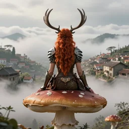 a photo of an armored woman warrior redhead with antlers sitting facing backwards on a giant mushroom that covers a whole village and reaches above the clouds by luis royo. intricate. lifelike. soft light. sony a 7 r iv 5 5 mm. cinematic post - processing