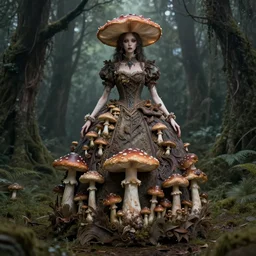 mushroomfolk in a in a  dress consisting of mushrooms. masterpiece 4k digital design by Takato Yamamoto, award winning, Artstation, Takato Yamamoto aesthetic, Neo-Gothic, gothic, forest on background, intricate details, realistic, hyperdetailed, 8k resolution