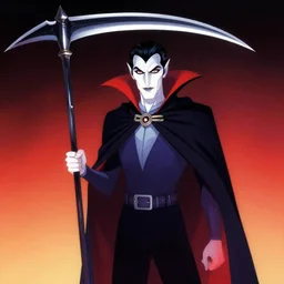 4D beautiful Vampire with a cloak and scythe , 35mm lens,noir, vibrant high contrast, gradation, jean giraud, moebius, fantasy, rule of thirds, fibonacci, intricate, cel shaded, flat, matte print, smooth,artstation, soft eyes,concept art by Rodney Bars