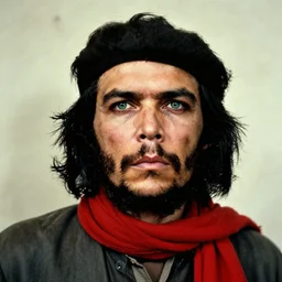 portrait of che guevara as afghan man, green eyes and red scarf looking intently, photograph by steve mccurry