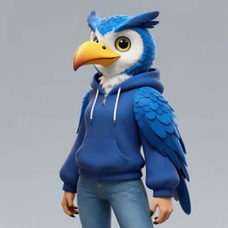 portrait digital art. humanoid furry! anthro!!! anthro!!! anthro!!! avian, avian, avian!!! fursona, bird, bird, bird!!! digital art! trending on furaffinity! subject wearing hoodie and jeans!! subject is female!! female!!! big beak, big beak, big beak!!! blue feathers!! birdfolk!! owlkin!! detailed!!!